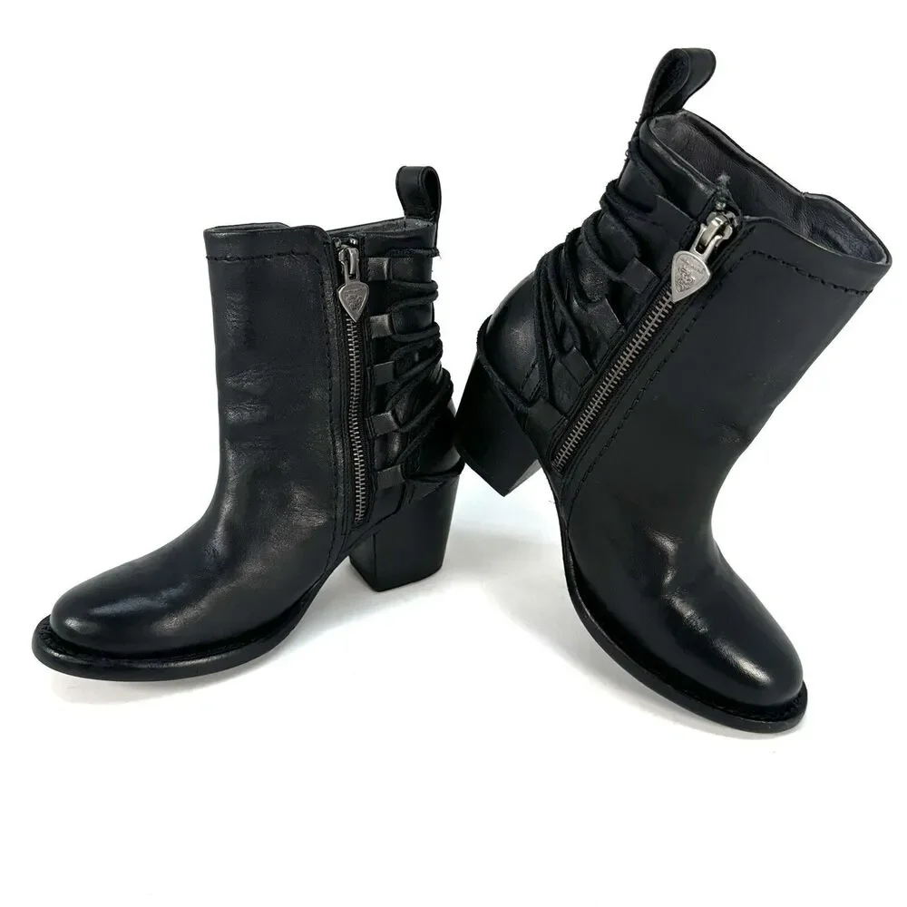 Mark Nason Yuma Flora Ankle Biker Back Laced Heeled Boots Black Leather Women 6